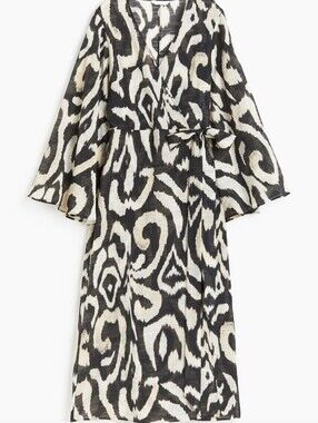 H&M Wrap Midi Dress in Black and Cream Abstract Print